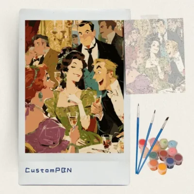 Vintage banquet party paint by numbers kit with canvas, three brushes, paints and reference sheet