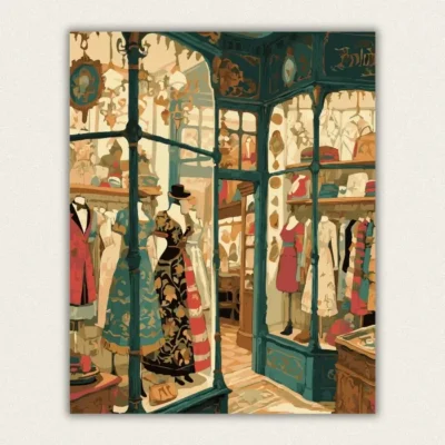 Vintage boutique window display with elegant retro dresses paint by numbers finished canvas