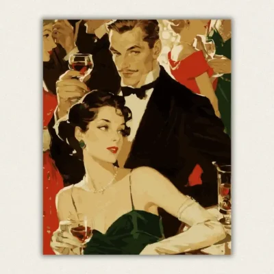 Vintage cocktail party with an elegant couple in black tie and a green gown paint by numbers finished canvas