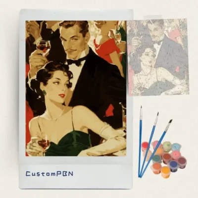 Vintage cocktail party paint by numbers kit with canvas, three brushes, paints and reference sheet