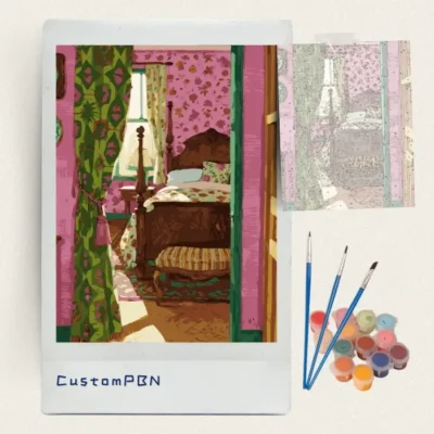 Vintage cottage bedroom paint by numbers kit with canvas, three brushes, paints and reference sheet
