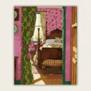 Vintage cottage bedroom with pink floral wallpaper and a carved wooden bed paint by numbers finished canvas