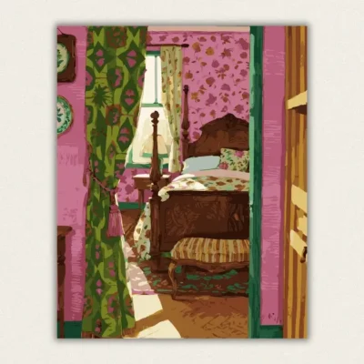 Vintage cottage bedroom with pink floral wallpaper and a carved wooden bed paint by numbers finished canvas