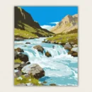 Vintage travel poster style mountain river and waterfall paint by numbers finished canvas