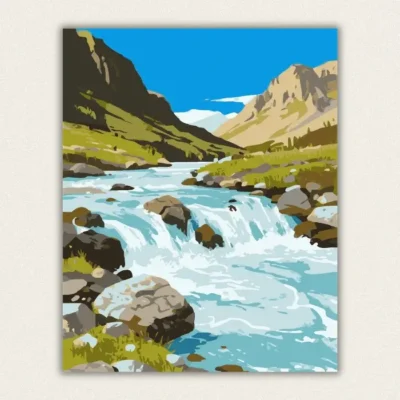 Vintage travel poster style mountain river and waterfall paint by numbers finished canvas