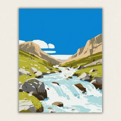 Vintage travel poster style alpine valley with a river running toward the viewer paint by numbers finished canvas