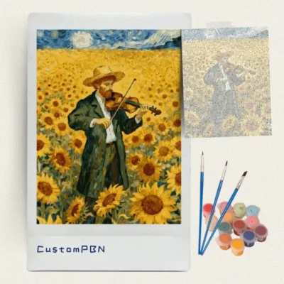 Violinist sunflower field paint by numbers kit with canvas, three brushes, paints and reference sheet