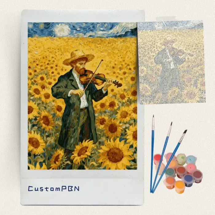 Violinist sunflower field paint by numbers kit with canvas, three brushes, paints and reference sheet