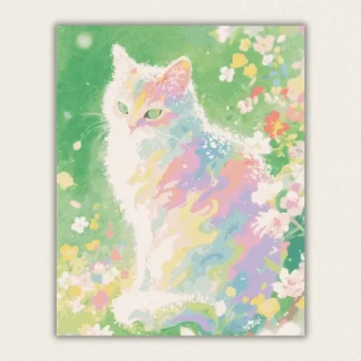 Watercolor cat with rainbow fur sitting in a flower garden paint by numbers finished canvas