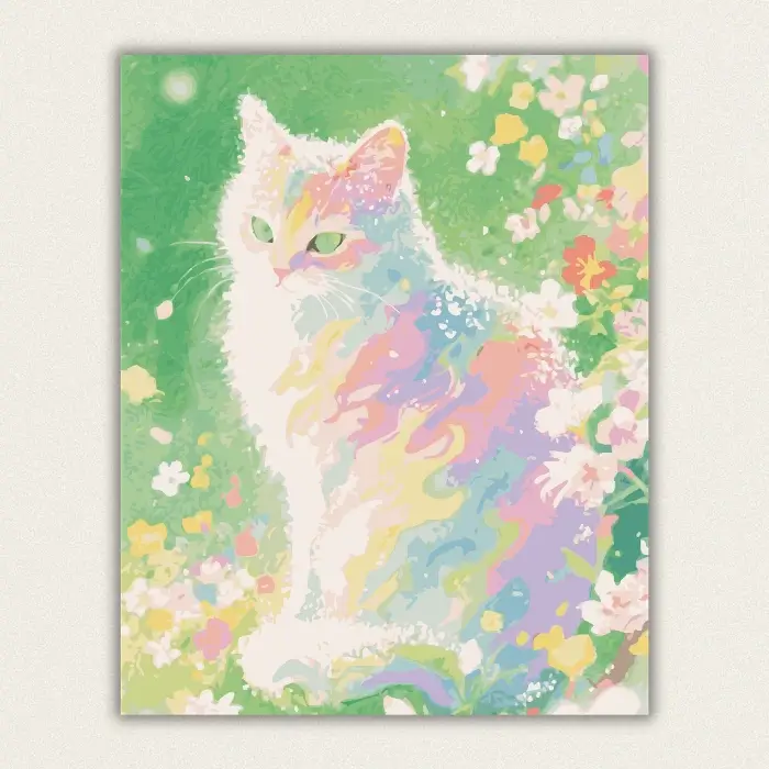 Watercolor cat with rainbow fur sitting in a flower garden paint by numbers finished canvas
