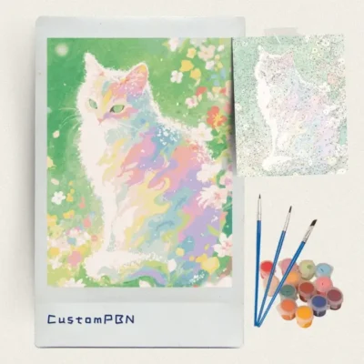 Watercolor rainbow cat paint by numbers kit with brushes, paints and numbered canvas
