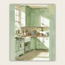 Cosy green country kitchen in watercolour with morning light on the cupboards paint by numbers finished canvas