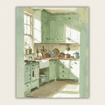 Cosy green country kitchen in watercolour with morning light on the cupboards paint by numbers finished canvas