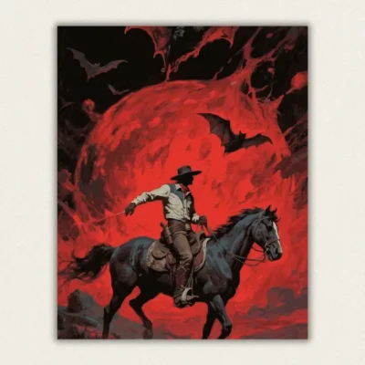 Cowboy on a black horse beneath a giant blood red vortex and bats paint by numbers finished canvas