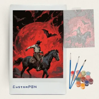 Weird west cowboy paint by numbers kit with canvas, three brushes, paints and reference sheet
