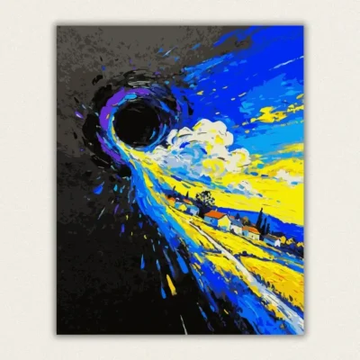 Golden wheat fields under a blue sky with a black vortex in the corner paint by numbers finished canvas