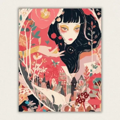Whimsical anime girl surrounded by flowers and a fairy tale village paint by numbers canvas