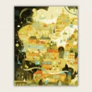 Bright whimsical storybook city in gold and cream with winding white paths paint by numbers finished canvas