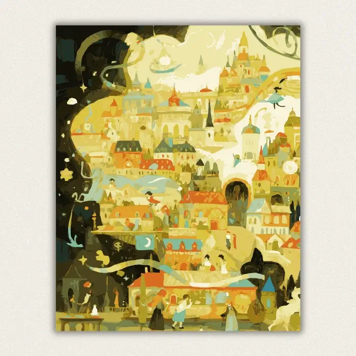 Bright whimsical storybook city in gold and cream with winding white paths paint by numbers finished canvas