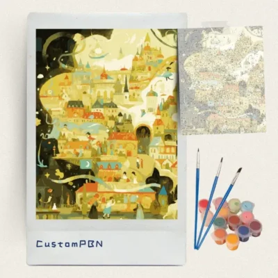 Storybook city paint by numbers kit with canvas, three brushes, paints and reference sheet