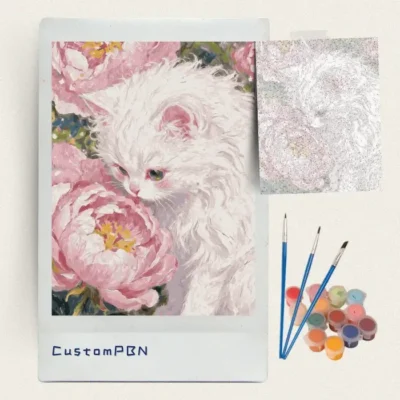 White cat and pink peonies paint by numbers kit with canvas, three brushes, paints and reference sheet