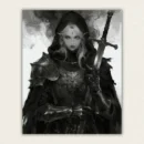 Hooded white haired elf with glowing eyes holding a longsword paint by numbers finished canvas