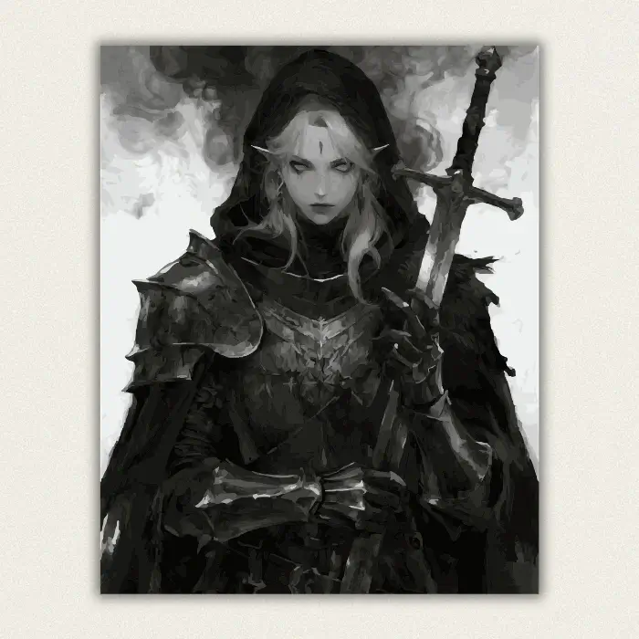 Hooded white haired elf with glowing eyes holding a longsword paint by numbers finished canvas