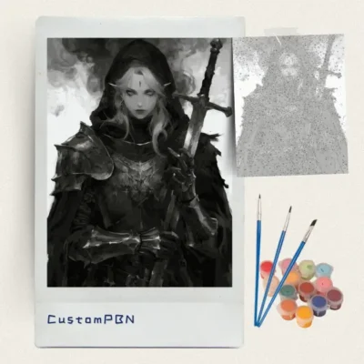 Hooded white haired elf paint by numbers kit with canvas, three brushes, paints and reference sheet