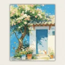 Whitewashed cottage with a blue door and a sunning cat paint by numbers finished canvas