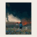Wildflower meadow with three figures watching a burning horizon paint by numbers finished canvas