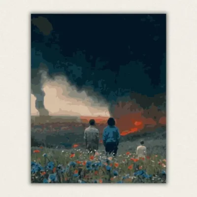 Wildflower meadow with three figures watching a burning horizon paint by numbers finished canvas