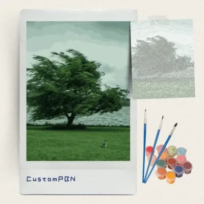 Wind blown tree and lake paint by numbers kit with canvas, three brushes, paints and reference sheet