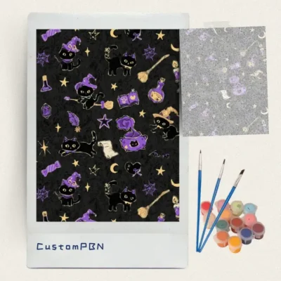 Black witch cat pattern paint by numbers kit with canvas, three brushes, paints and reference sheet