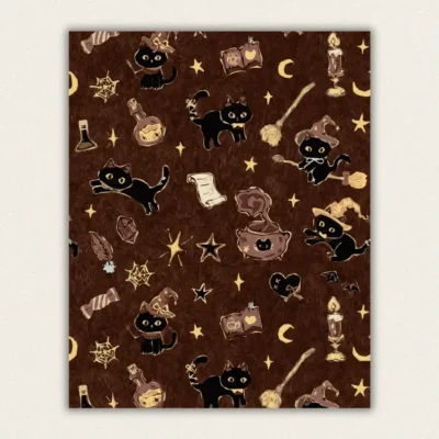 Cute black witch cats and magic symbols repeating pattern on warm brown paint by numbers finished canvas