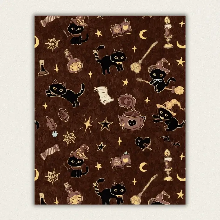 Cute black witch cats and magic symbols repeating pattern on warm brown paint by numbers finished canvas