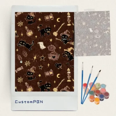 Brown witch cat pattern paint by numbers kit with canvas, three brushes, paints and reference sheet