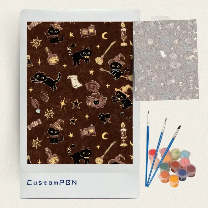 Brown witch cat pattern paint by numbers kit with canvas, three brushes, paints and reference sheet