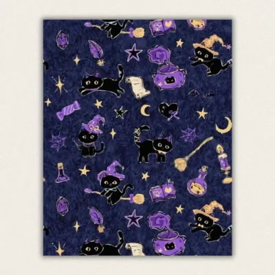 Cute black witch cats and magic symbols repeating pattern on navy blue paint by numbers finished canvas