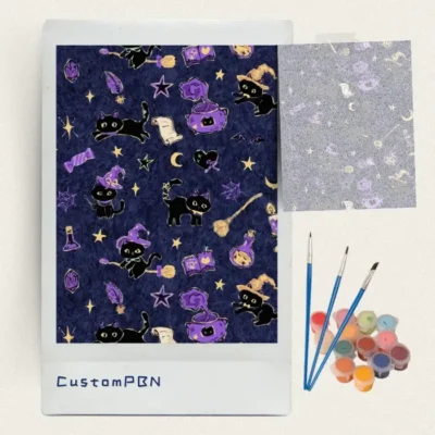 Navy blue witch cat pattern paint by numbers kit with canvas, three brushes, paints and reference sheet