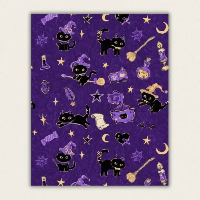 Cute black witch cats and magic symbols repeating pattern on purple paint by numbers finished canvas