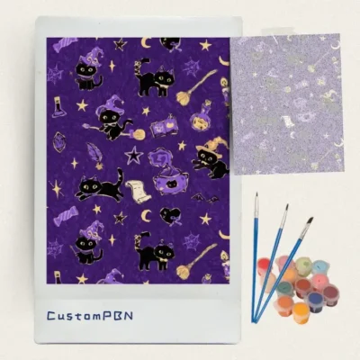 Purple witch cat pattern paint by numbers kit with canvas, three brushes, paints and reference sheet