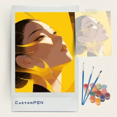 Woman in golden light paint by numbers kit with brushes, paints and numbered canvas