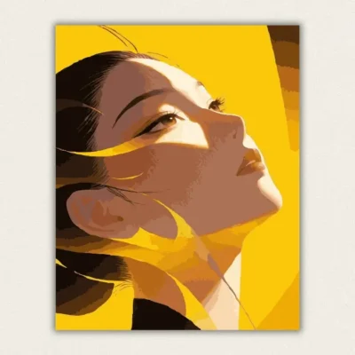 Woman turning her face up into golden light paint by numbers finished canvas