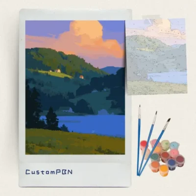 Blue valley lake under an evening cloud paint by numbers kit with paints