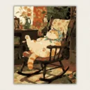 Contented tabby cat lounging in a rocking chair paint by numbers finished canvas