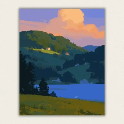 Evening cloud above a blue valley lake paint by numbers finished canvas