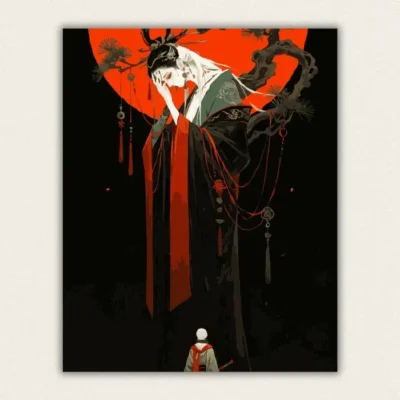 White haired immortal lady weeping before a crimson sun paint by numbers finished canvas