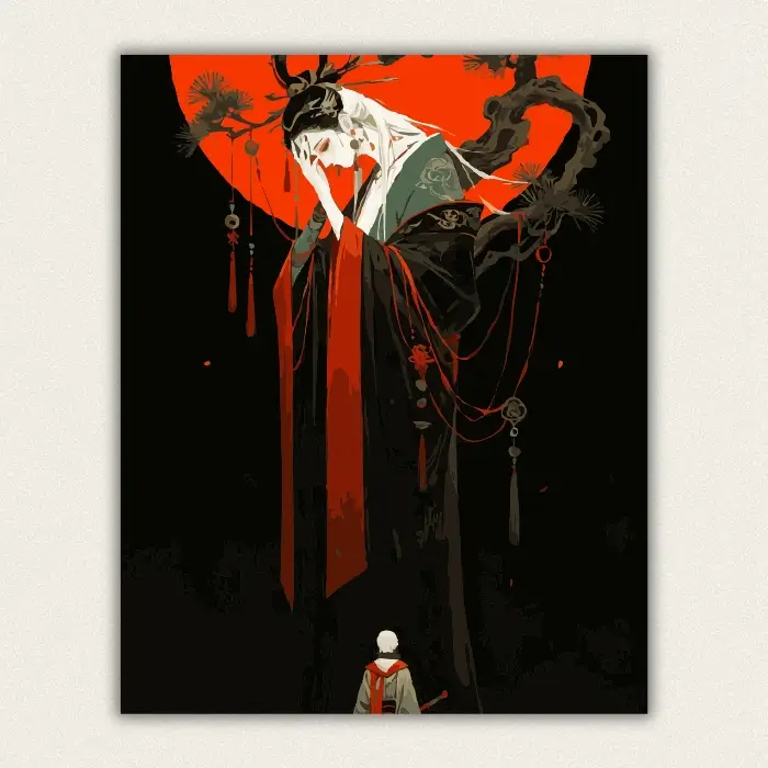 White haired immortal lady weeping before a crimson sun paint by numbers finished canvas