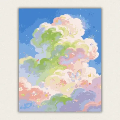 Marshmallow clouds sprinkled with blossom and a butterfly paint by numbers finished canvas