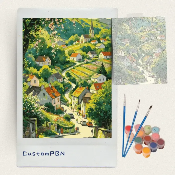 Spring hillside flower village paint by numbers kit with brushes and paints